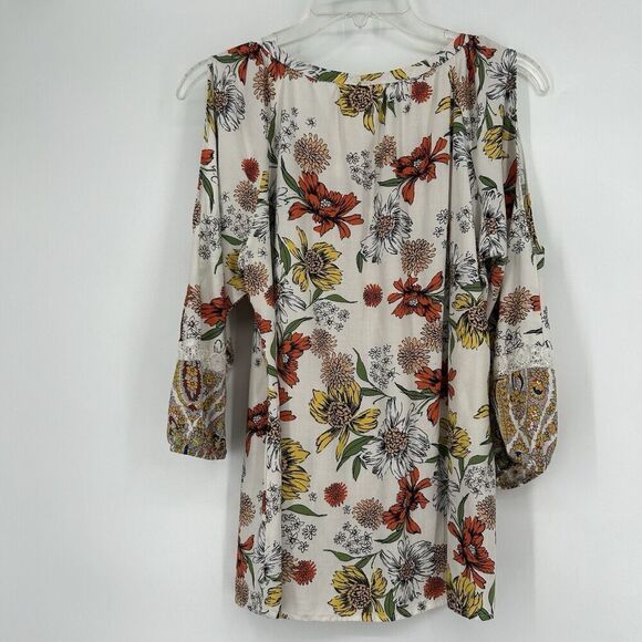 Fig & Flower Boho Peasant Top White Lace Long Slit Balloon Sleeves Yellow Size M - Picture 6 of 10